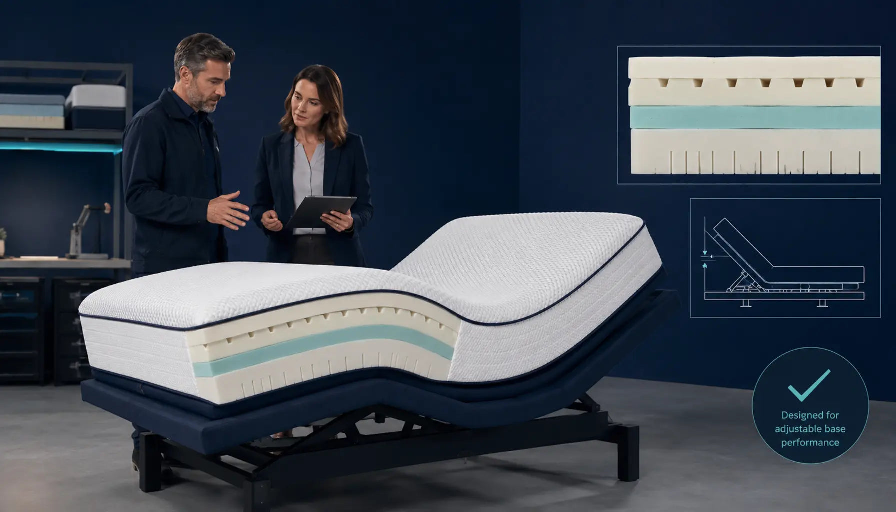 UK adjustable bed foam mattress development with an OEM engineer checking articulation and base compatibility