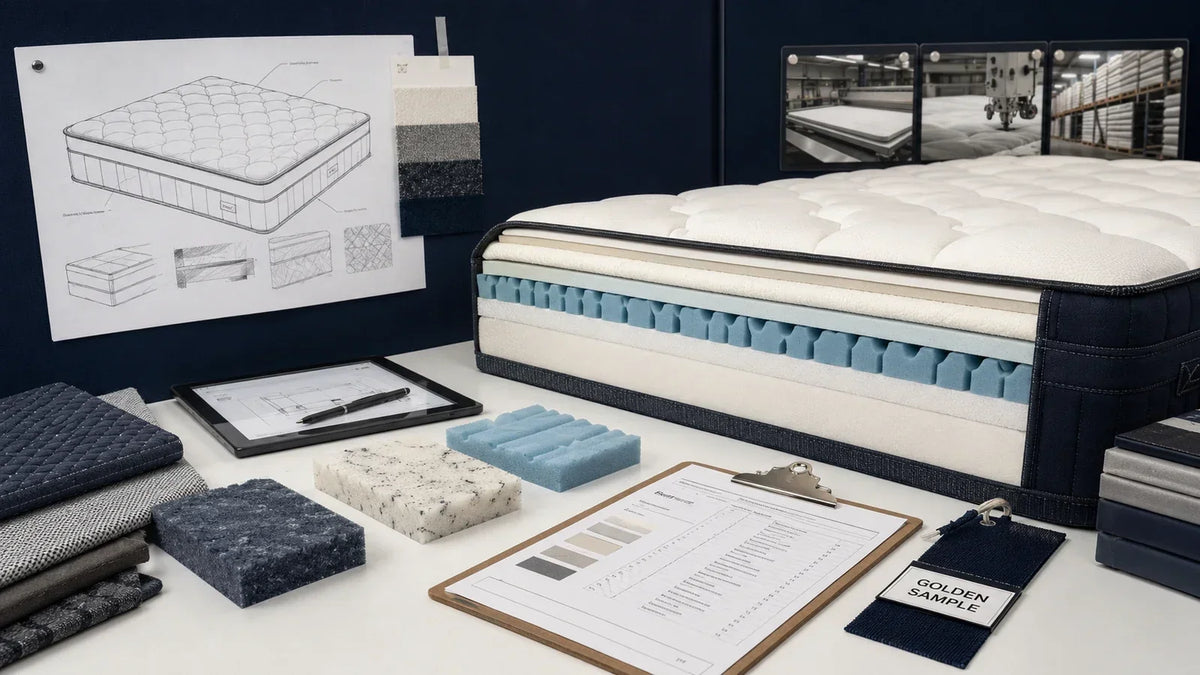 Custom foam mattress development workspace with material samples, layered construction, BOM and Golden Sample controls