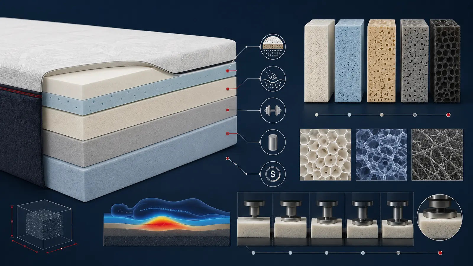 Layered foam mattress and material samples illustrating how foam density relates to durability and feel