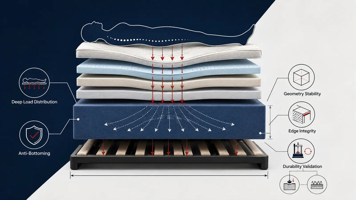 Foam mattress base layer design showing deep load support anti-bottoming durability and foundation interaction for OEM buyers