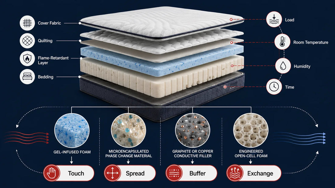 Foam mattress cooling technologies comparing gel PCM conductive infusions and open-cell designs for OEM buyers