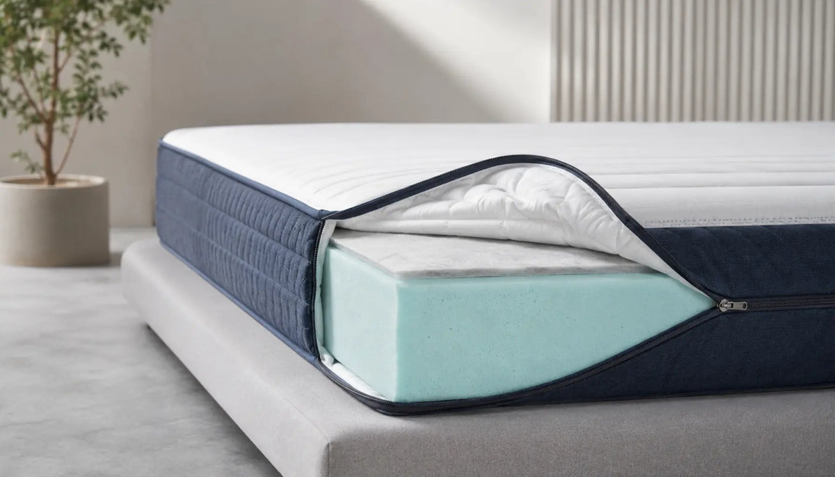Foam mattress cover assembly showing fabric backing seam zipper and foam core
