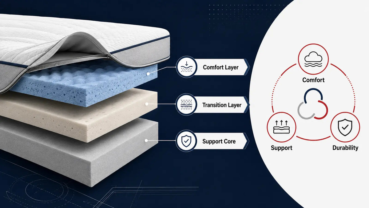 Foam mattress layering design balancing comfort pressure relief deep support and durability