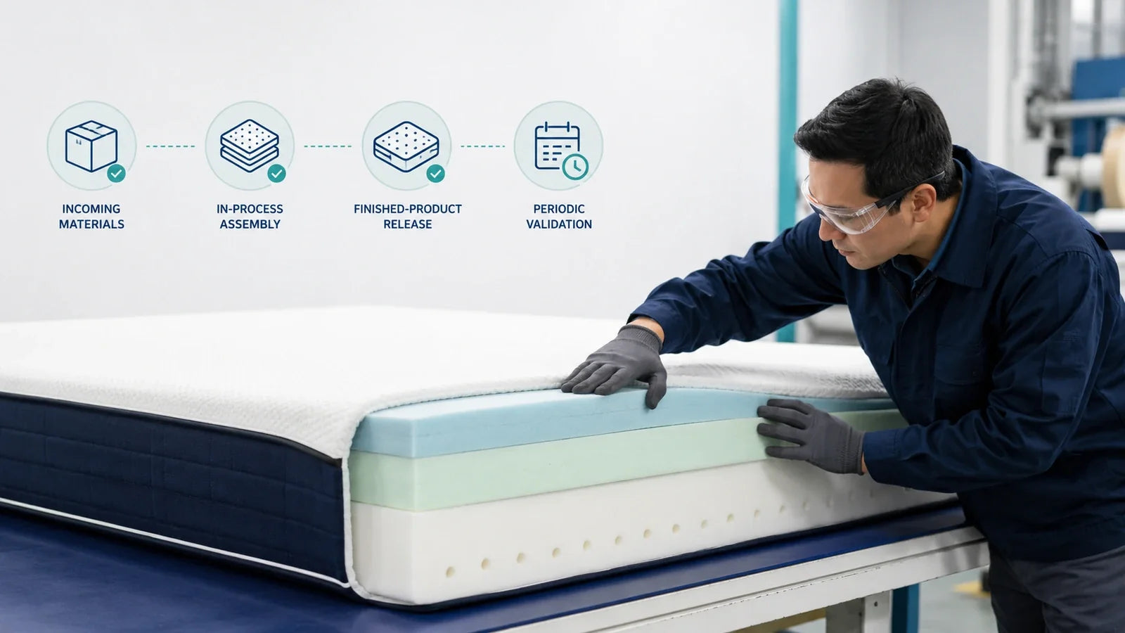 Foam mattress OEM quality control inspection covering materials, production, finished goods and validation