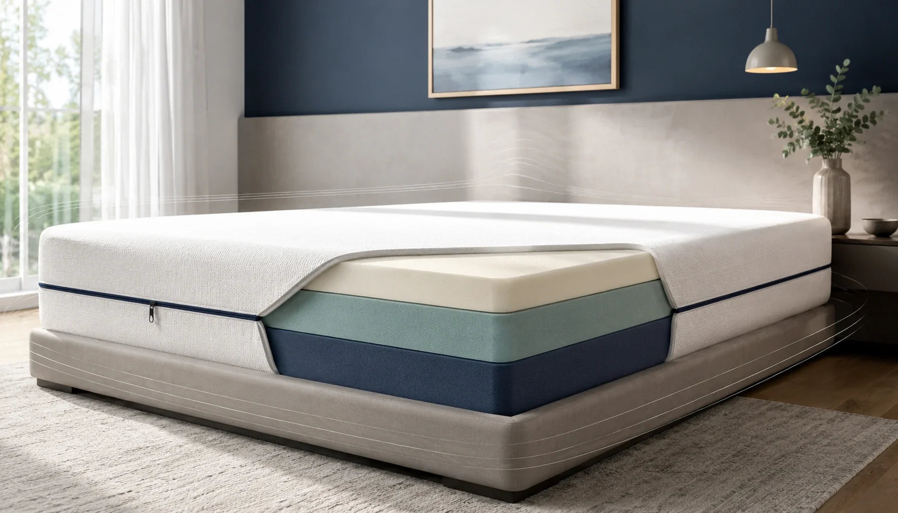 Quiet all-foam mattress construction with stable layers bonding and fitted cover