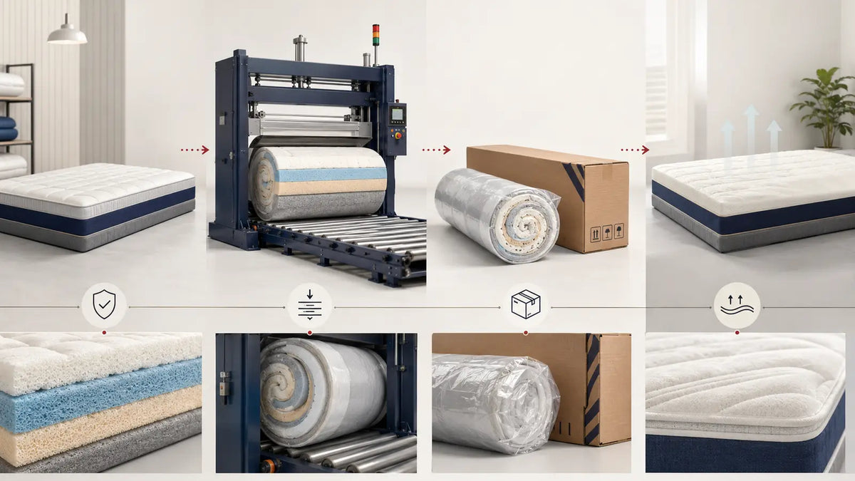Foam mattress moving through compression, roll-packing, boxed shipping and unpack recovery