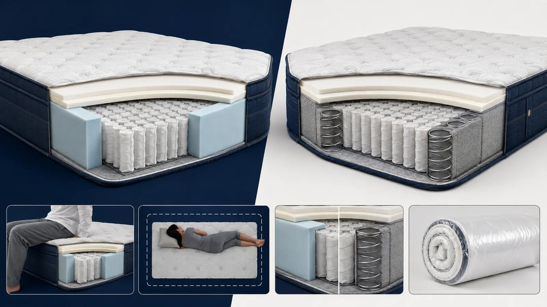 Spring mattress cutaways comparing foam-encased edge support with reinforced steel perimeter coils