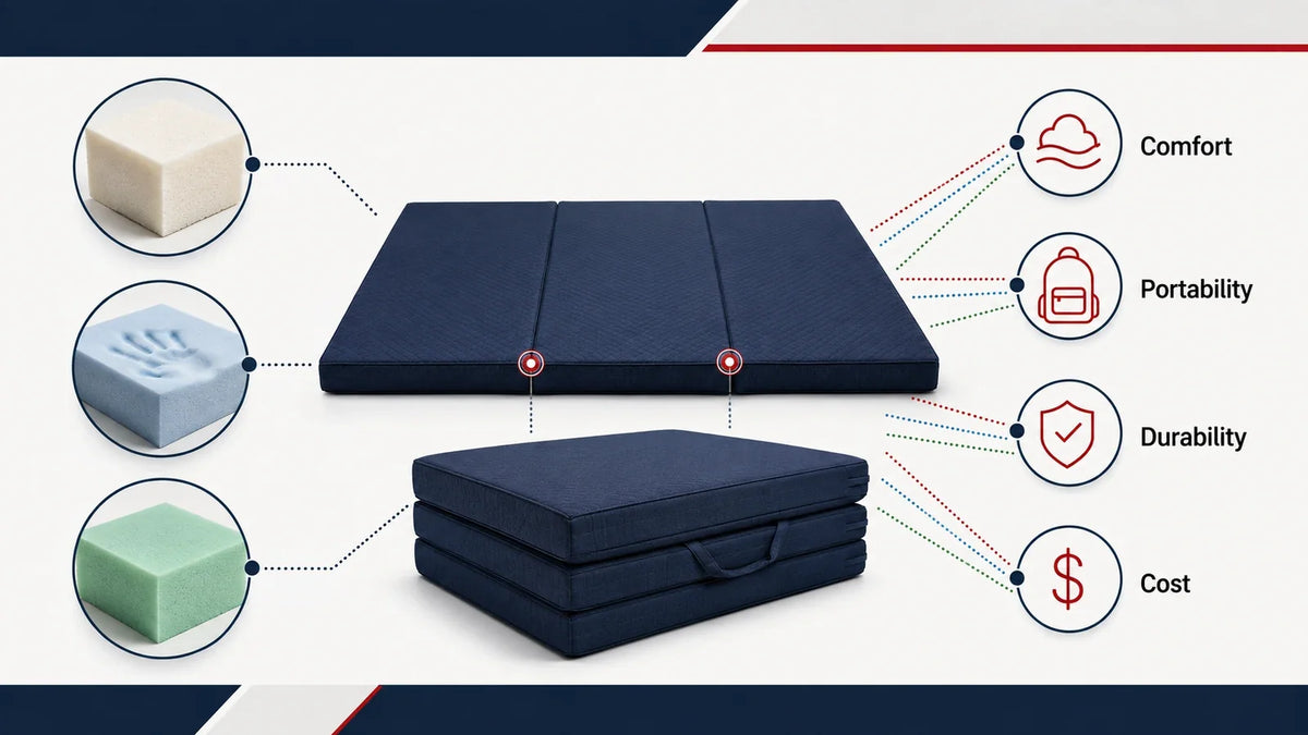 Tri-fold mattress foam selection comparing polyurethane memory and high-resilience foam for comfort portability durability and cost