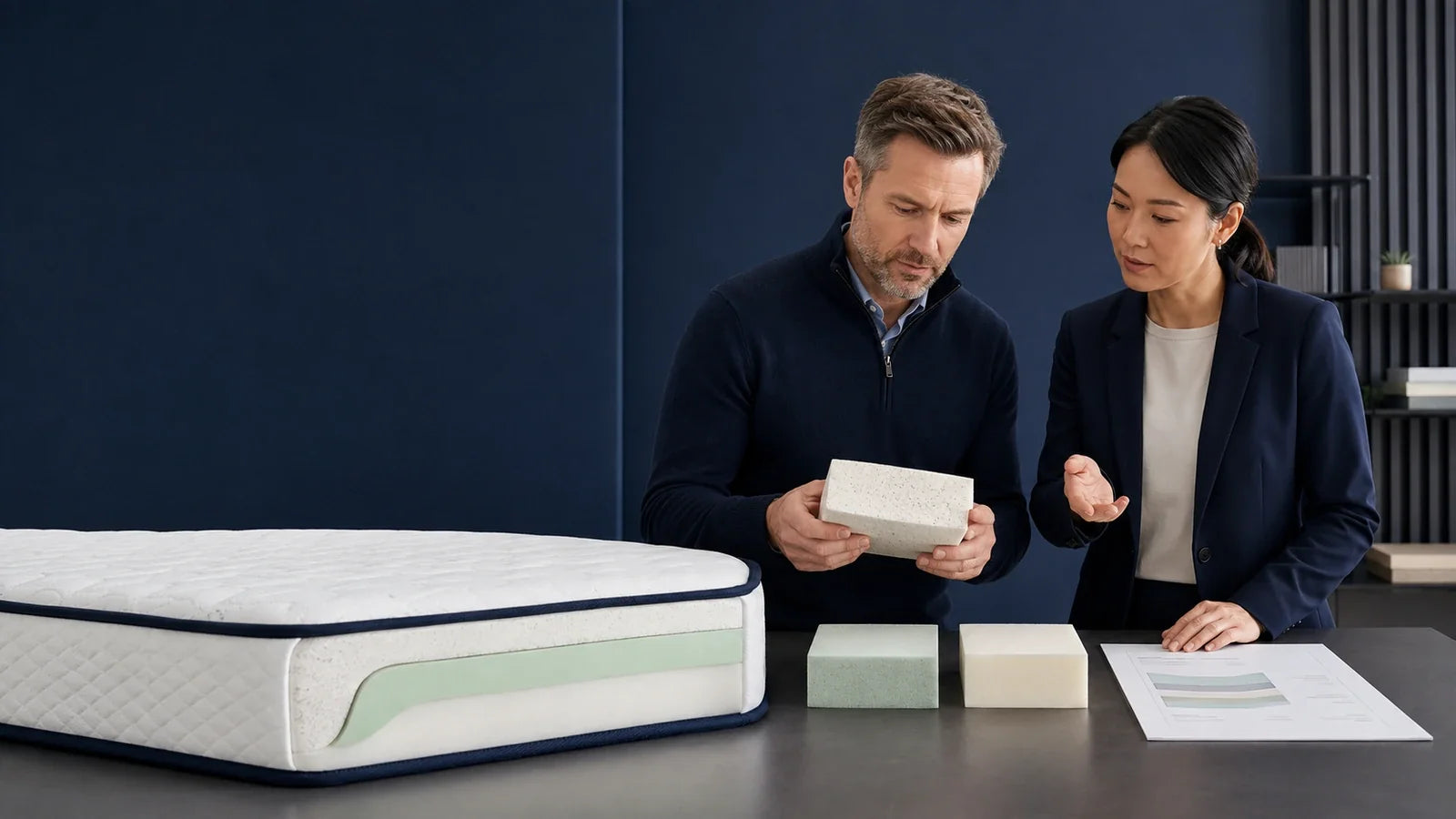 UK sustainable foam mattress development with a private-label buyer and OEM engineer reviewing verified material options